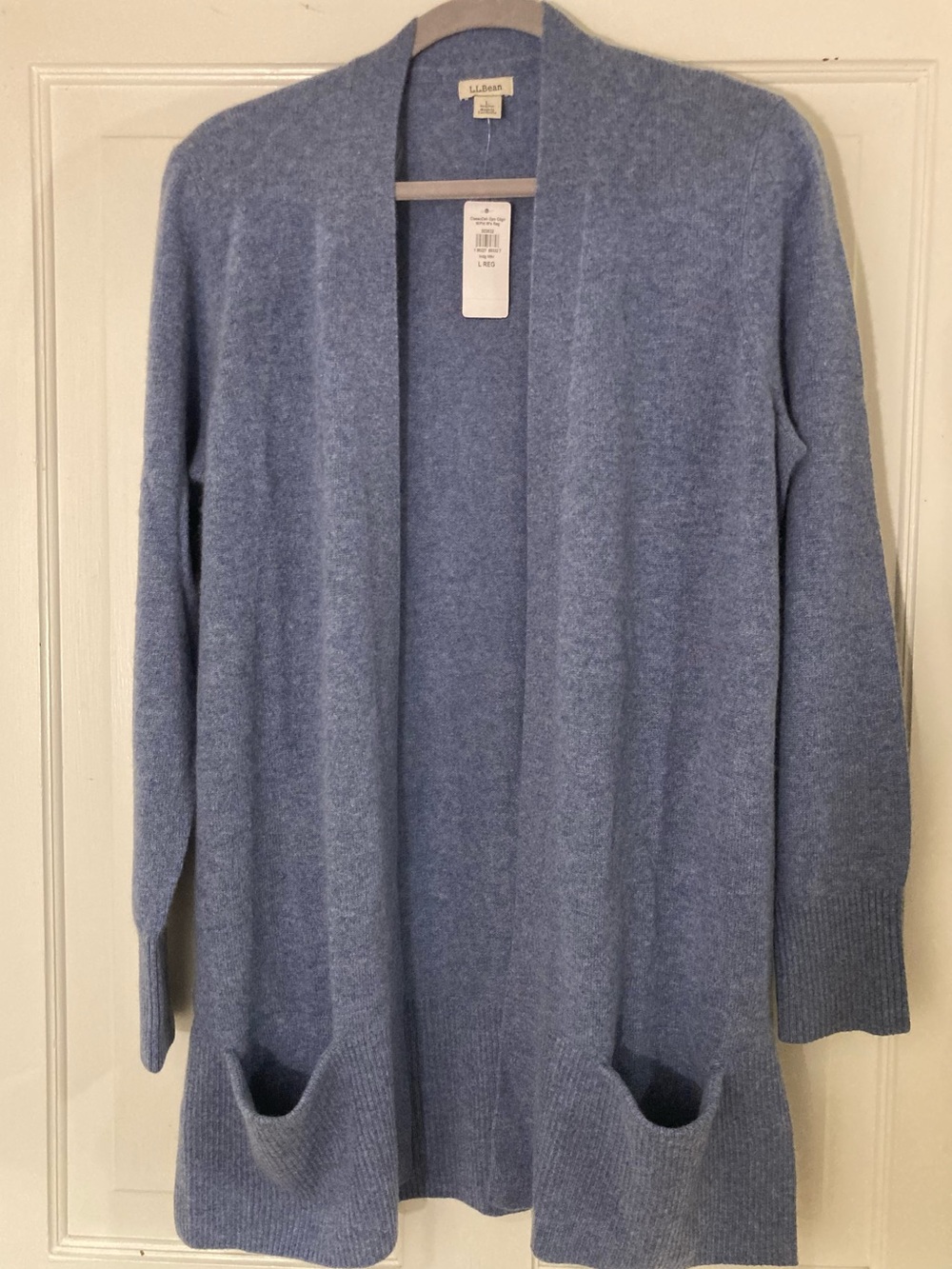 * L.L. Bean 100% Cashmere Open Front Cardigan Sweater Indigo Blue NWT Size L